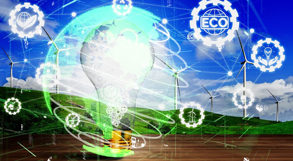 Szélerőművek és energetikai grafikai elemek egy fenntarthatóságot idéző kompozícióban, a ZÉG zöldenergia- és gépészeti megoldásaira utalva.