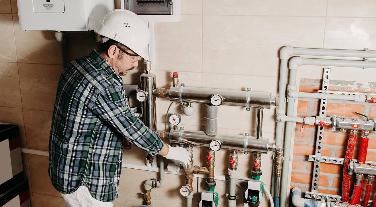 Szakember épületgépészeti rendszeren dolgozik csövekkel, szelepekkel és szabályozó elemekkel egy gépészeti helyiségben.